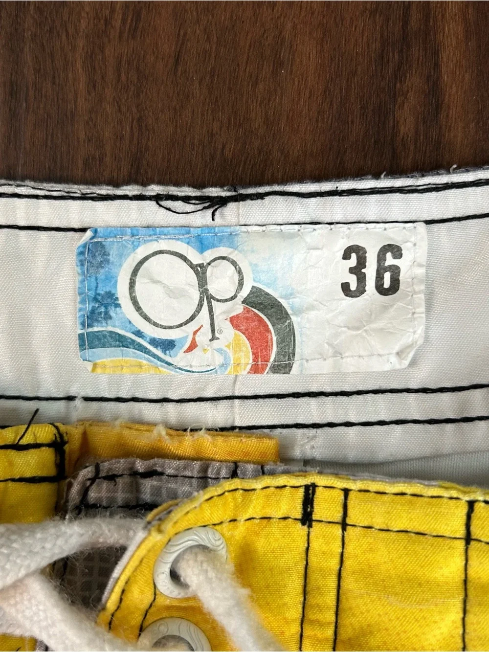 Vintage Y2K OP Men’s Yellow & Gray Baroque-Print Swim Shorts